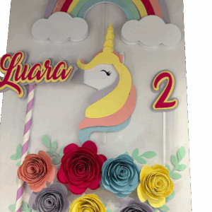 Topper de Bolo Personalizado – Tema Unicórnio Rosas