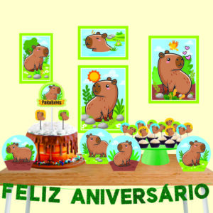 Kit Festa Fácil Capivara – 36 peças (com toppers, faixa, quadrinhos e decoração de mesa)