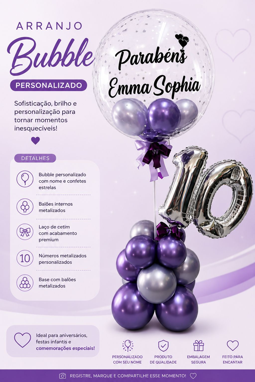 💜 Arranjo Bubble Personalizado com Número Metalizado